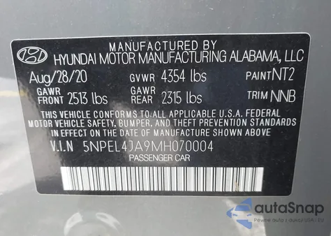 2021 Hyundai Sonata Sel z USA, uszkodzony, nr VIN 5NPEL4JA9MH070004